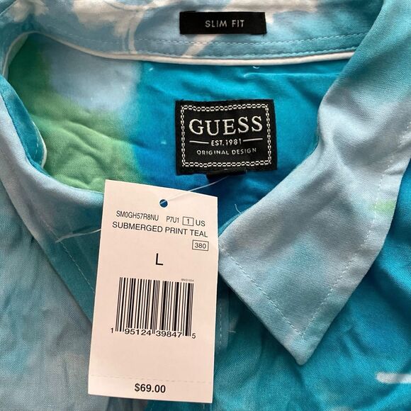 GUESS Shirt Mens L Blue Slim Fit Submerged Button-Up Short Sleeve Tropical Beach - Picture 3 of 10
